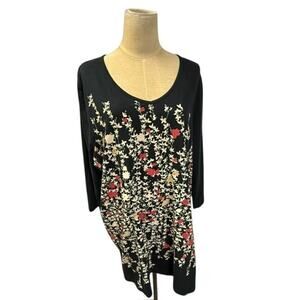 hics"ULLA POPKEN" Black V Neck 3/4 Sleeve T-Shirt Full‎ Front Graphics SZ 20/22